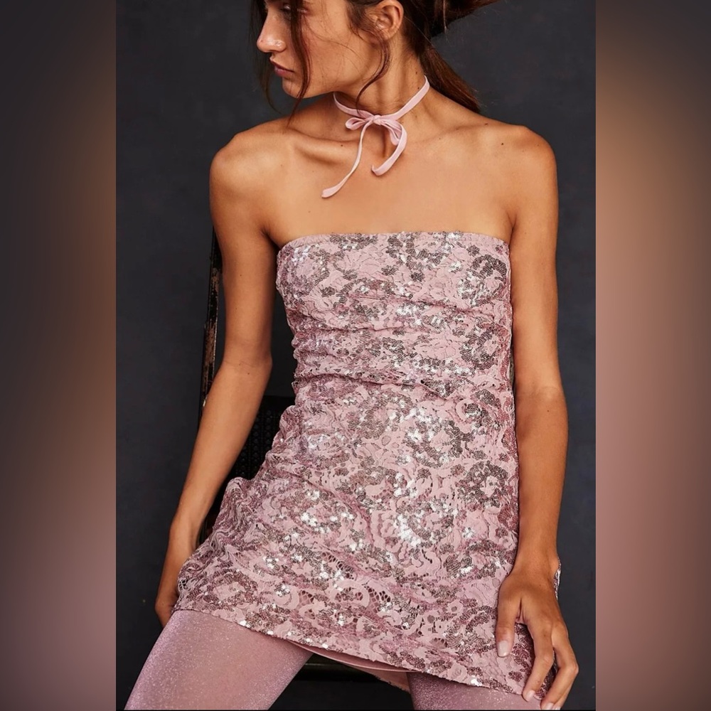 FREE PEOPLE Night Gaze Mini Sequin Fit & Flare Dress Blush Pink large - NWOT